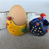 gul og blå høne med prikker keramik æggebægre  høns æggeholder på ryggen 